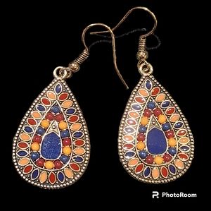 Bohemian Teardrop Brass Dangle Earrings Colorful Red Yellow Navy Blue NWT